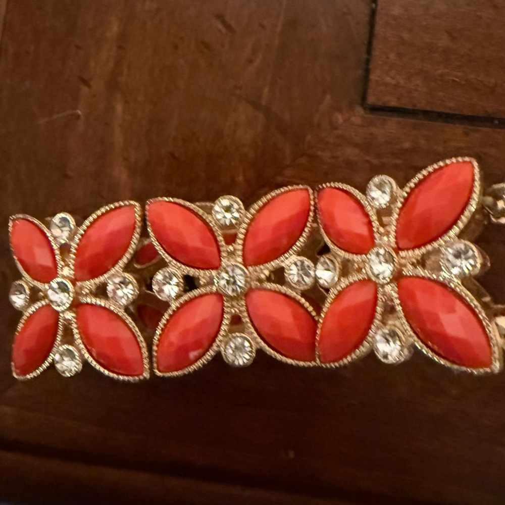 Orange Floral Bracelet with Rhinestones